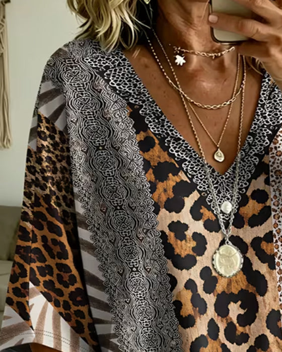 Top Luipaardprint Patchwork V-Hals Casual