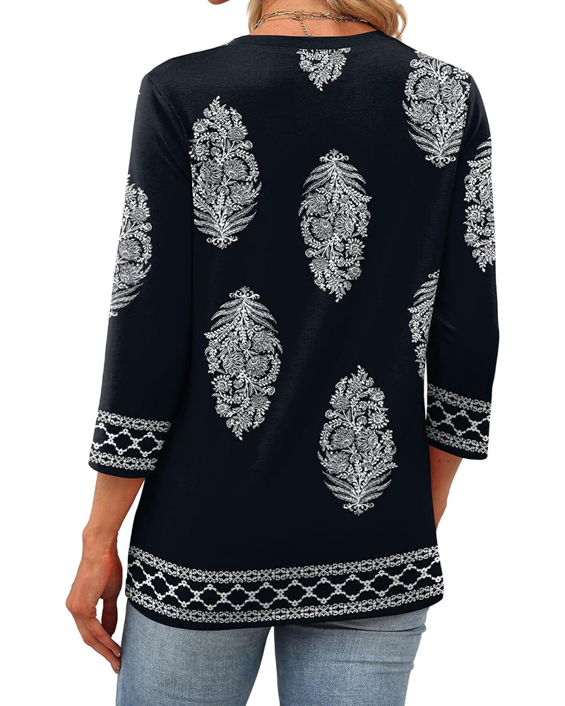 Top Gedrukt Driekwart Mouw Ronde Hals