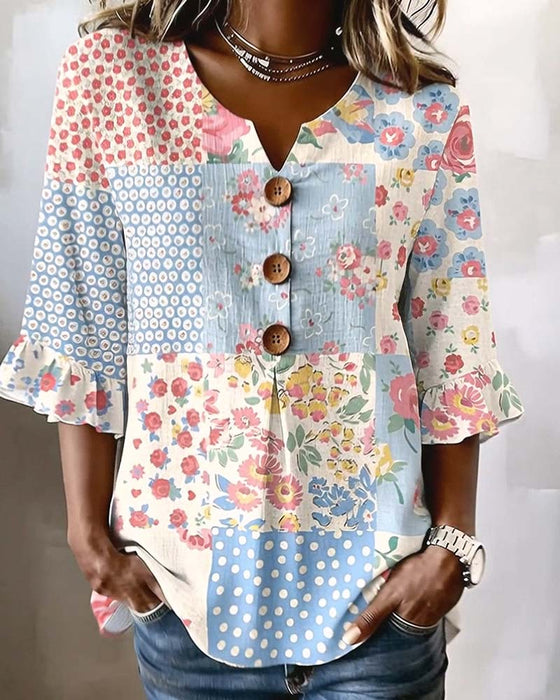 Blouse Korte Mouw Bloemenprint Patchwork