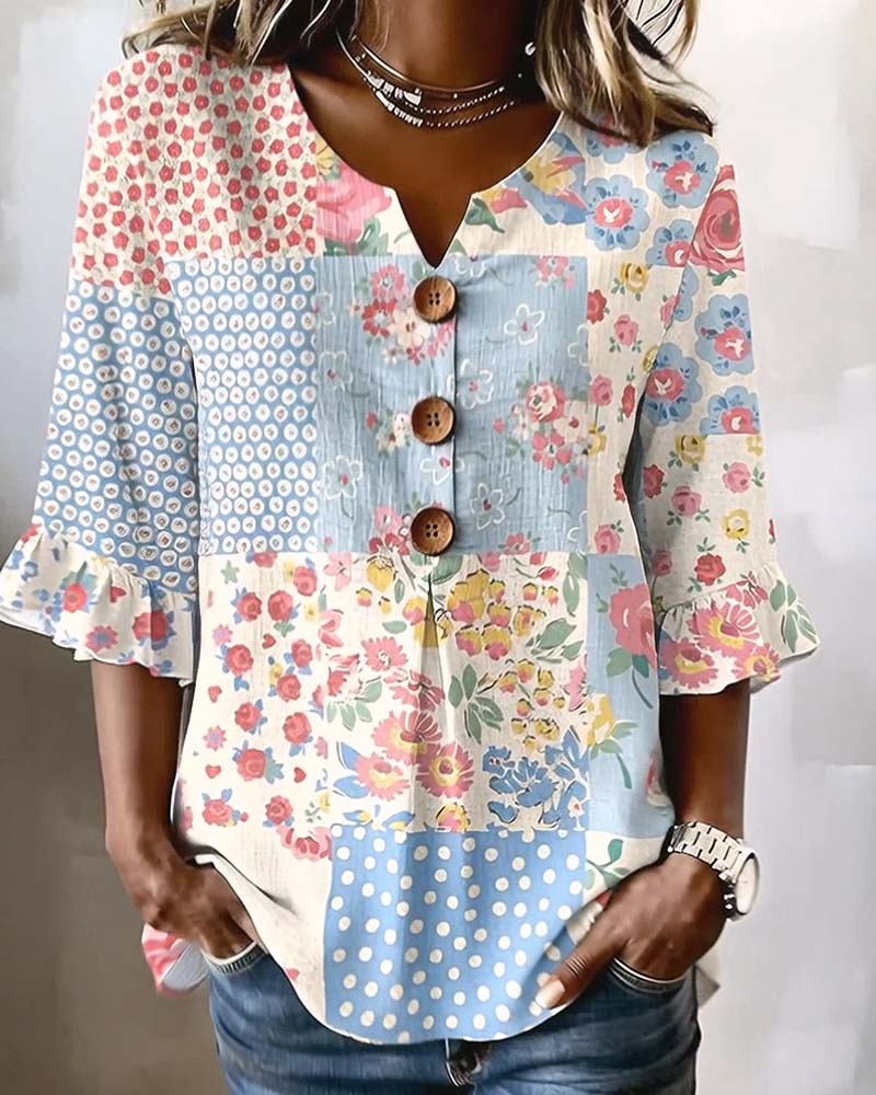 Blouse Korte Mouw Bloemenprint Patchwork