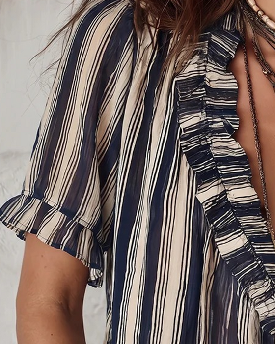 Blouse Gestreept V-Hals Ruche Kraag