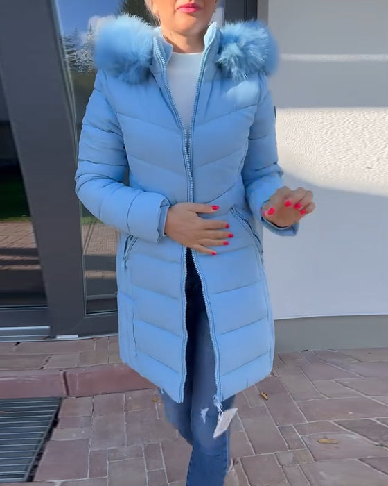 Casual effen kleur gewatteerde jas met ritszak en capuchon