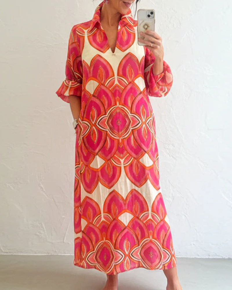 Jurk Elegant V-Hals Lange Mouw Bloemen