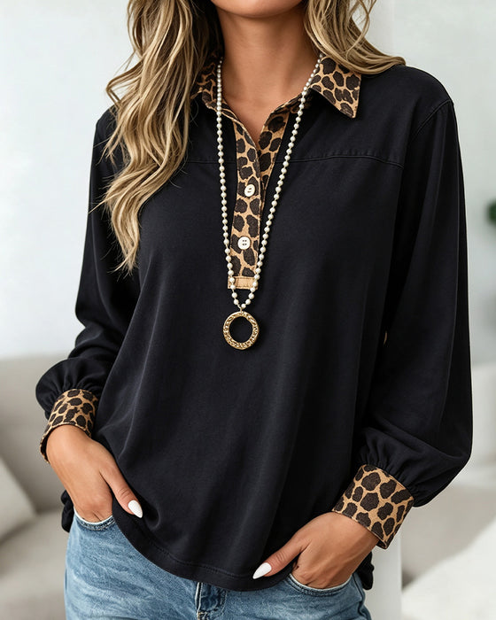 Top Luipaardprint Revers Patchwork Knoop