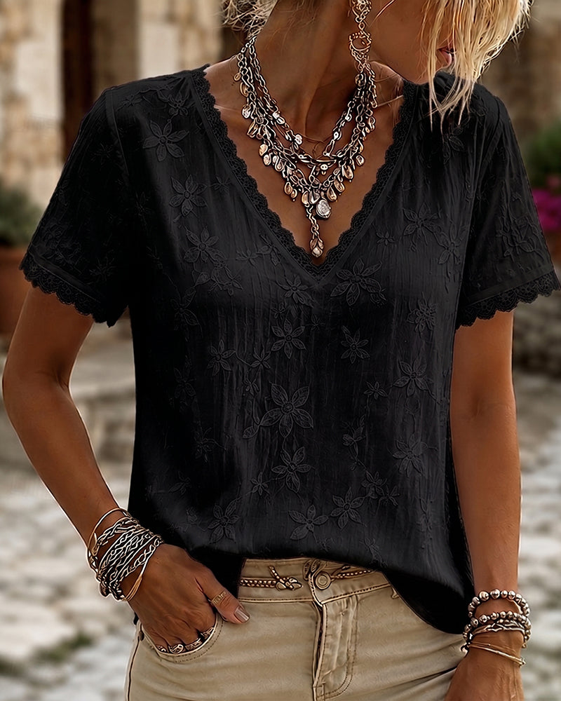 Blouse V-Hals Kant Korte Mouw