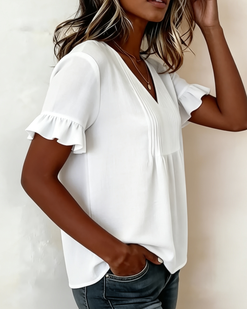 Blouse Gerimpeld V-hals Korte Mouw