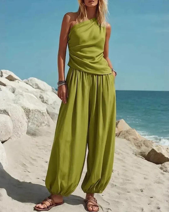 Set Enkel Schouder Tank Top Hoge Taille Broek