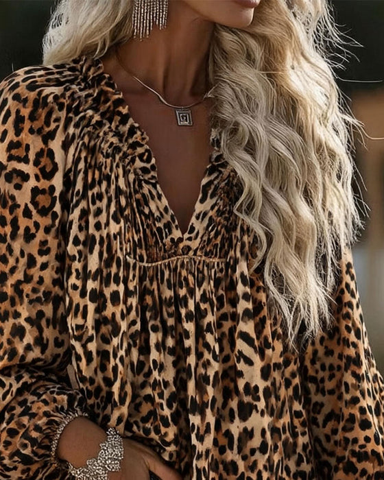 Blouse V-Hals Luipaardprint Gerimpeld Poefmouw