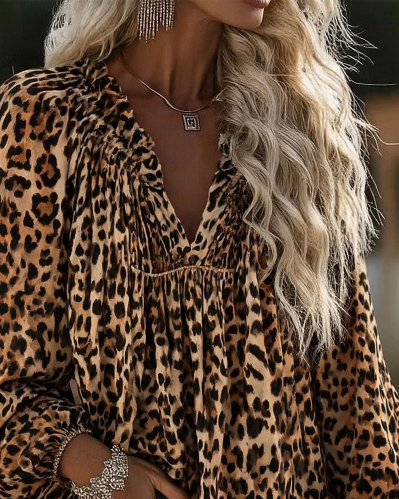 Blouse V-Hals Luipaardprint Gerimpeld Poefmouw