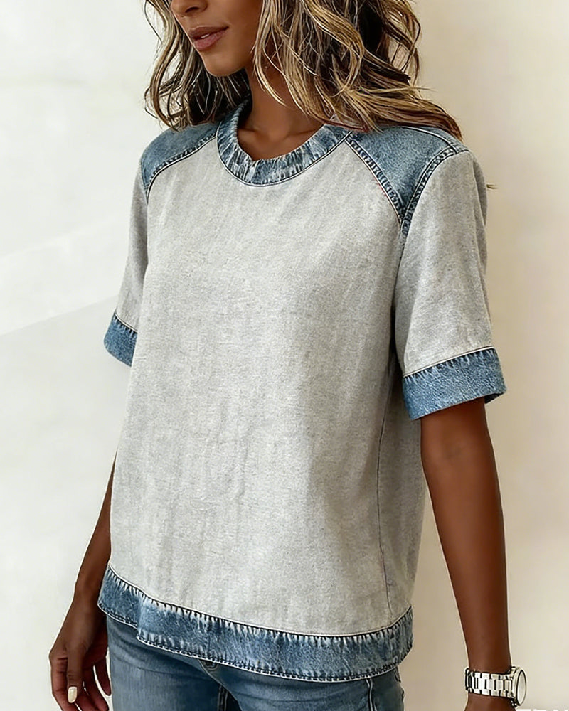 Top Denim Patchwork Korte Mouwen