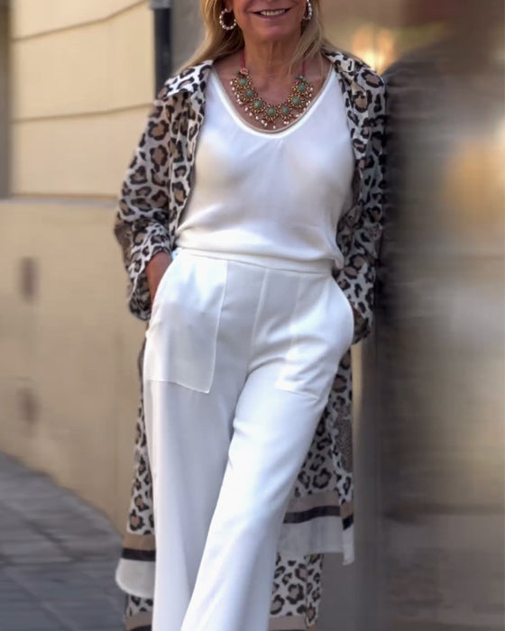 Casual lange jas met revers en luipaardprint