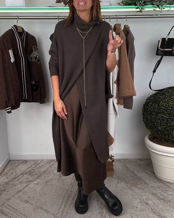 Mode effen kleur pullover met hoge kraag en split