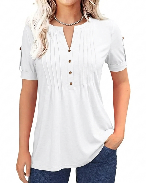 T-Shirt Geplooid Henley Korte Mouw