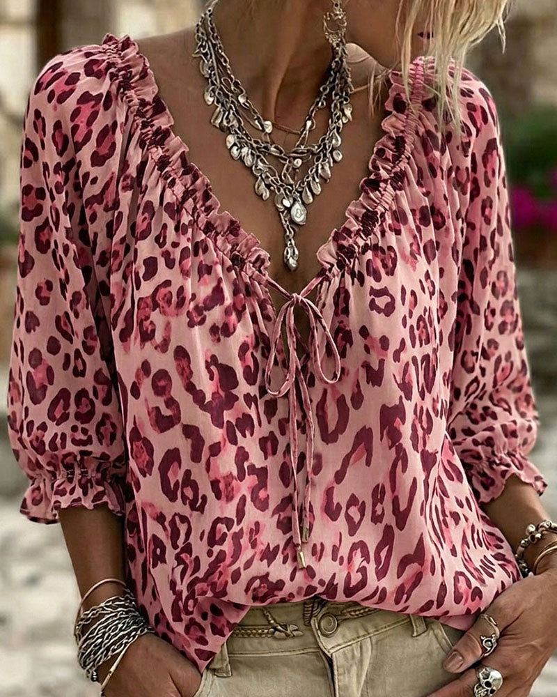 Blouse Luipaardprint V-Hals Pofmouw Vetersluiting