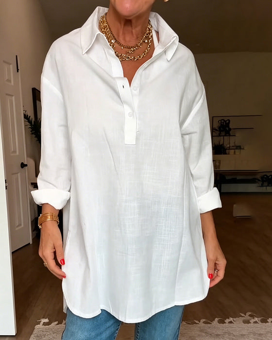 Blouse V-Hals Knoop Effen Kleur Los