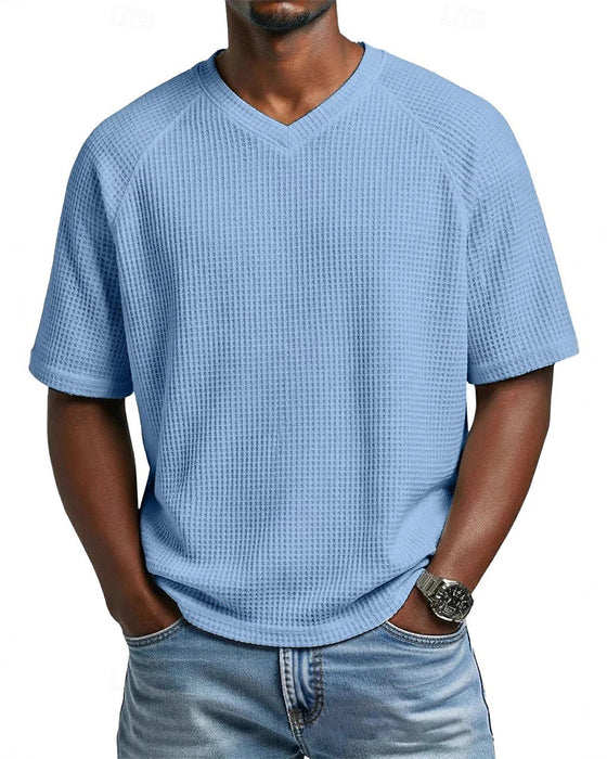 Heren V-Hals T-Shirt Met Wafelstructuur, Casual Short-Sleeve Top In Effen Kleur