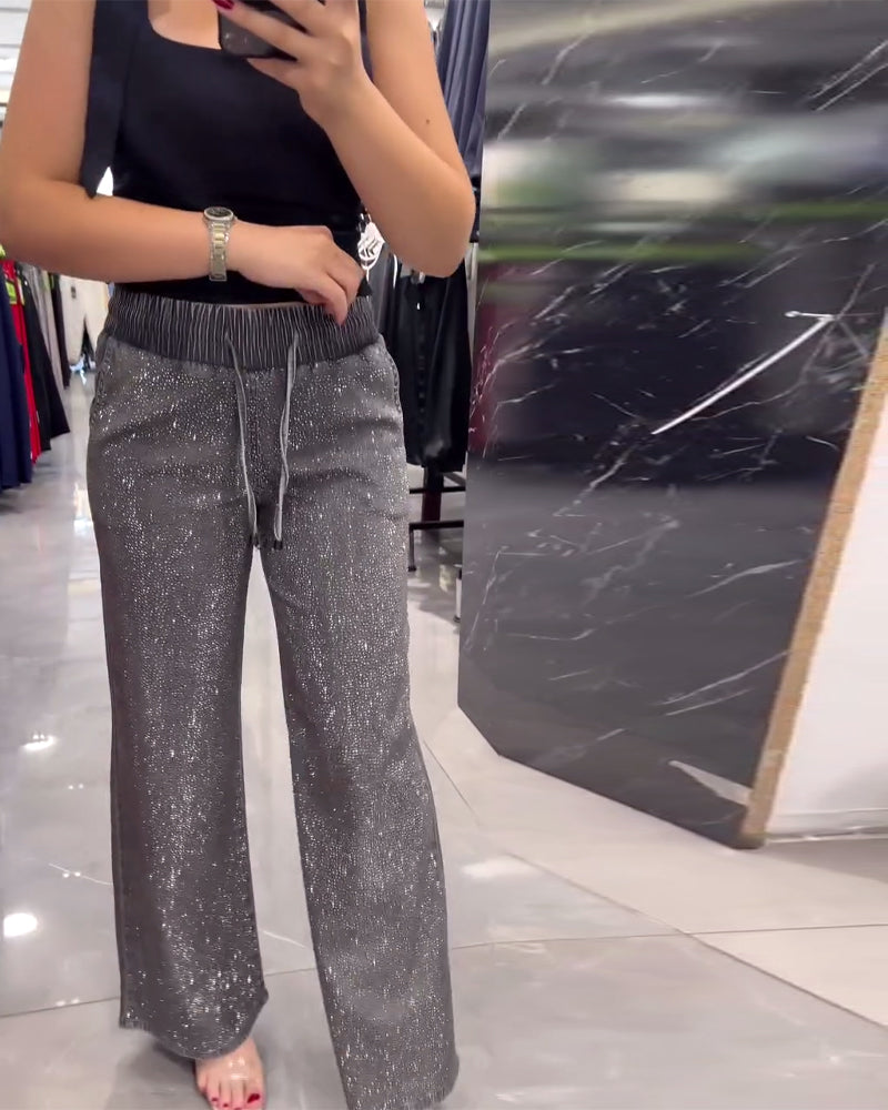 Casual broek in effen kleur met zakken en elastische tailleband