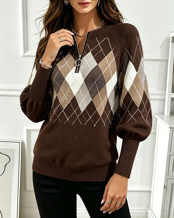 Pullover Ruitpatroon Jacquard Half-Zip Lantaarnmouw