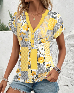 Blouse V-Hals Korte Mouwen Bloemenprint