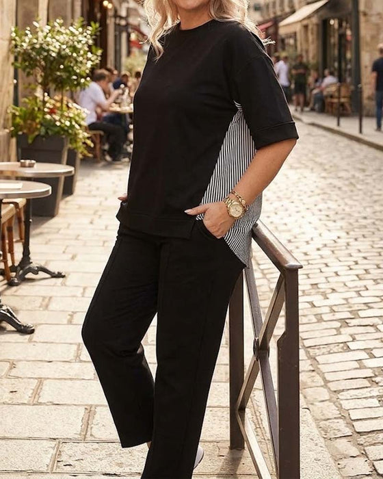 Casual blouse met patchwork en krijtstreep
