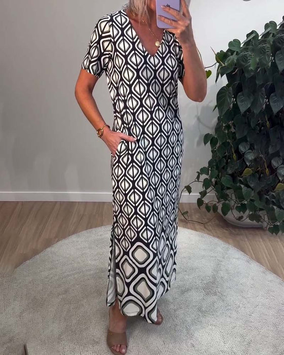 Jurk V-Hals Geometrisch Kortmouwig