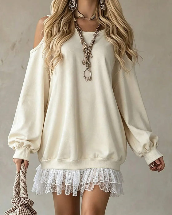 Jurk Cold Shoulder Lantarenmouw Kant Patchwork