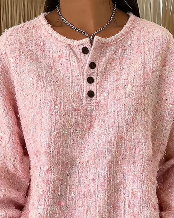 Sweatshirt Tweed Henley Kraag Knoopsluiting
