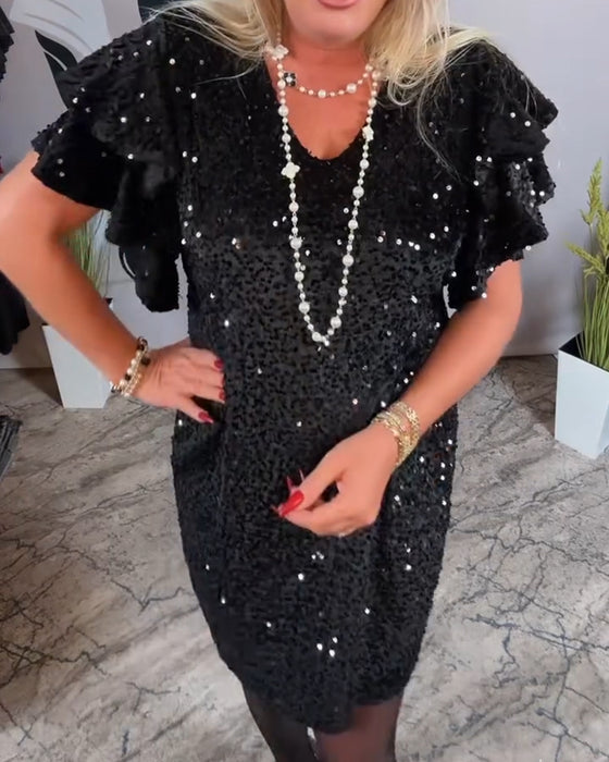 Jurk V-Hals Ruffle Mouw Fluweel Glitter