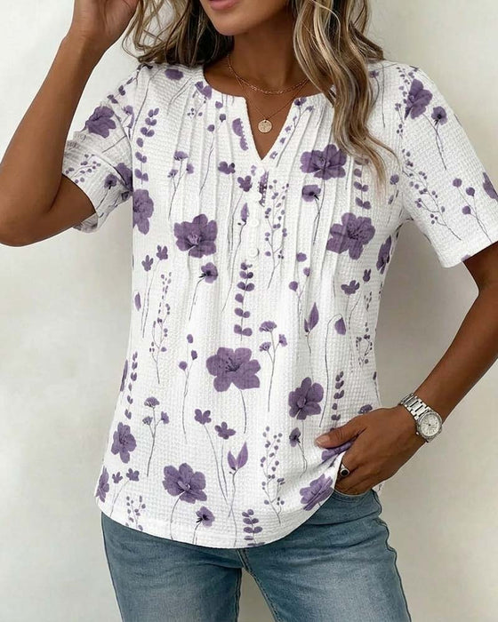T-Shirt Wafel V-Hals Bloemen