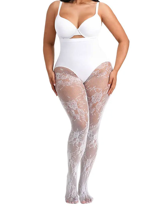 Dames vormende panty met hoge taille en bloemenkant