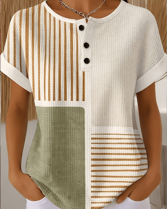 Blouse Met Ronde Hals, Knoppen, Strepen, Contrastkleuren