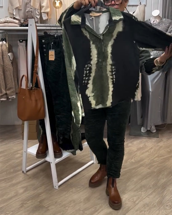 Shirt Revers Retro Kleurblok Lange Mouw