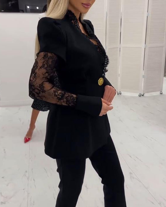 Blazer Met Kant Panel Detail, Gestructureerde Passform En Elegante Sfeer