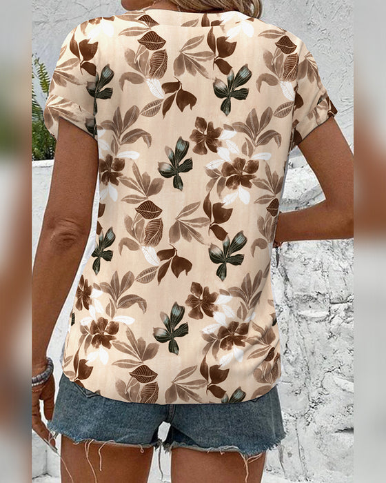 Blouse Opstaande Kraag Korte Mouw Bedrukt