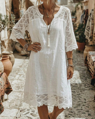 Jurk V-hals Kant Patchwork Casual