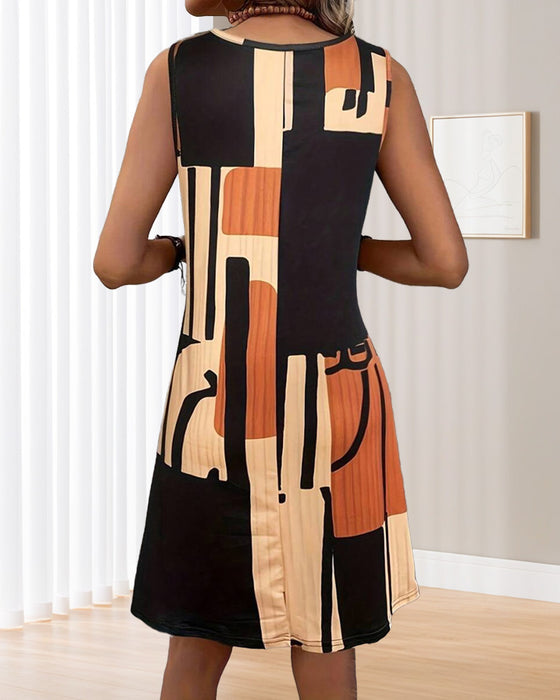 Jurk Mouwloos Ronde Hals Retro Print