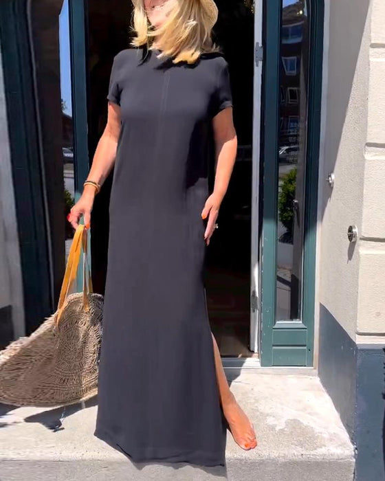 Elegante jurk met korte mouwen in effen kleur