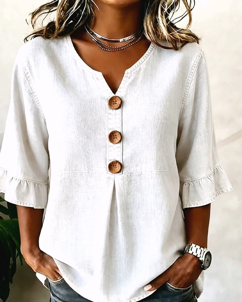 Blouse V-Hals Uitlopende Mouw Denim