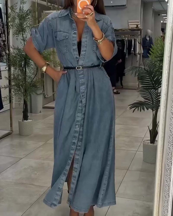 Jurk Shirt Kraag Zak Knoop Denim