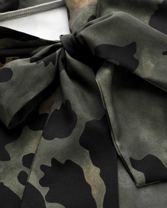 Blouse Camouflage Luipaard Print Sjaal Strik Pofmouw