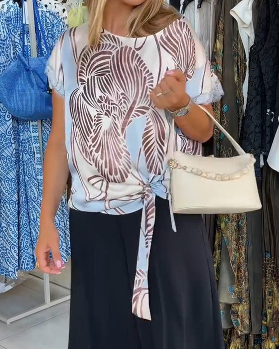 Blouse Met Ronde Hals Vetersluiting Onregelmatig