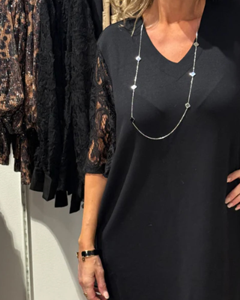 Jurk Stijlvolle V-hals Jurk Met Kantmouwen