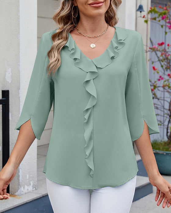 Blouse Halve Mouwen Ruches Effen Kleur Casual