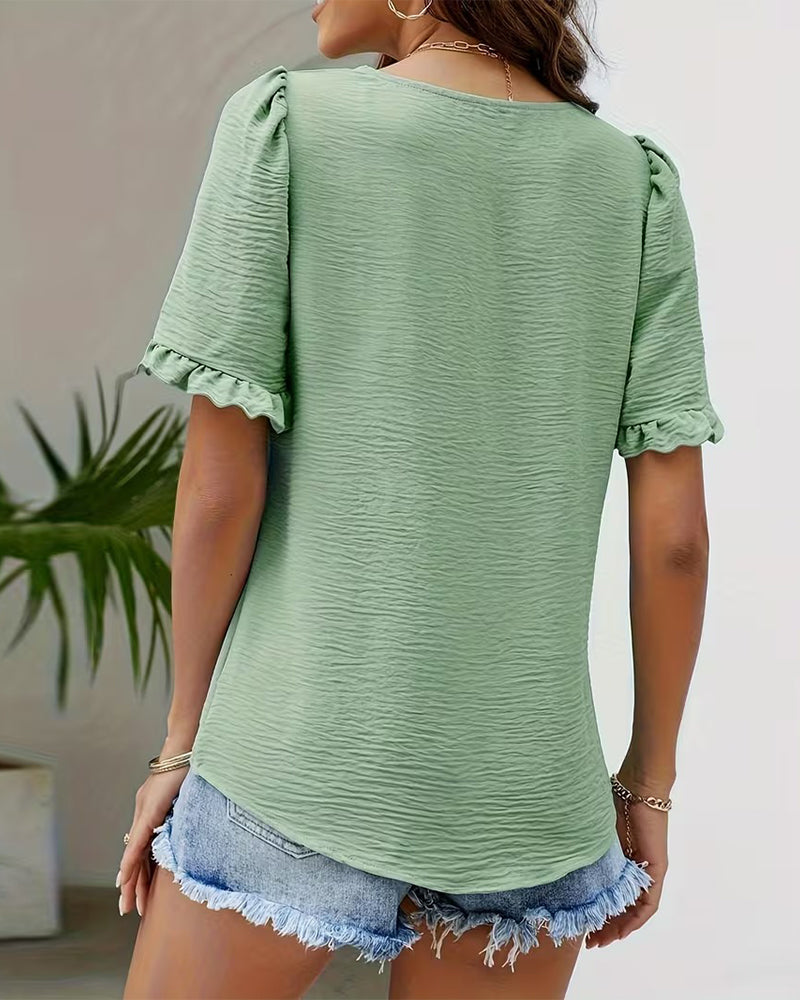 Blouse Vierkante Hals Geruwd Mouw