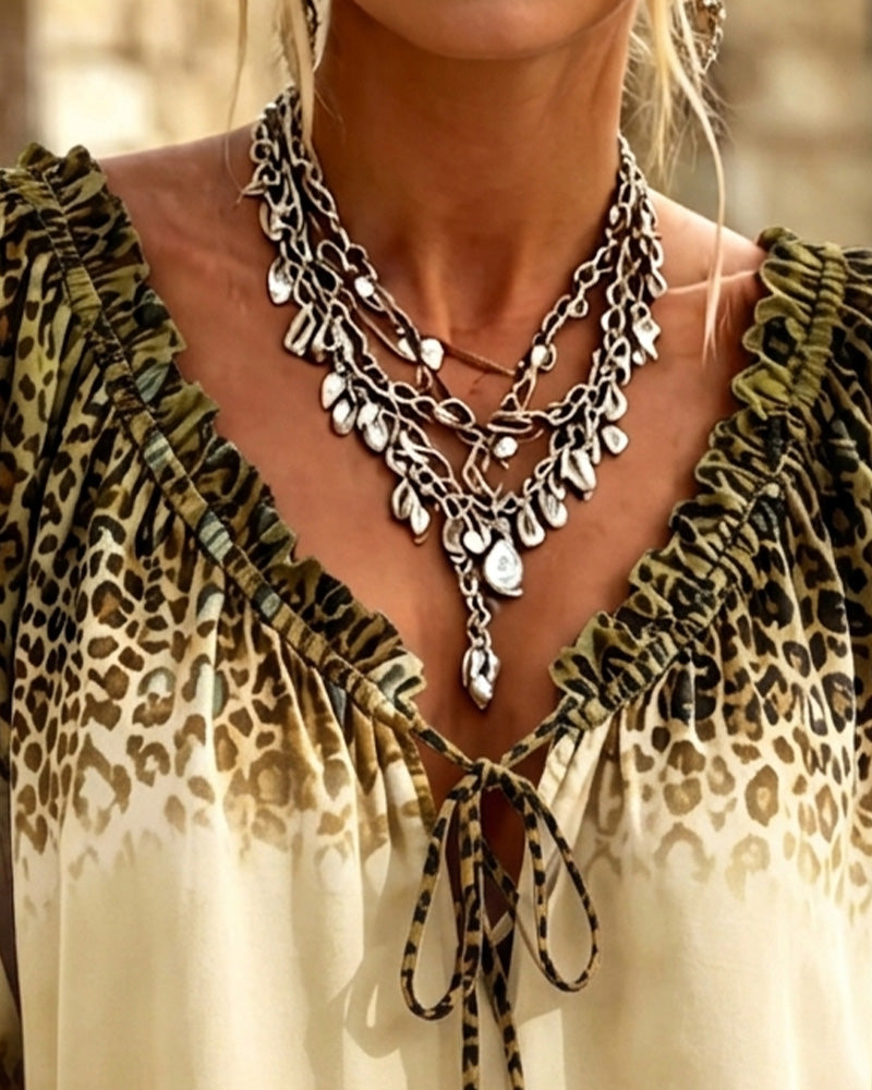 Blouse V-Hals Luipaardprint Vetersluiting