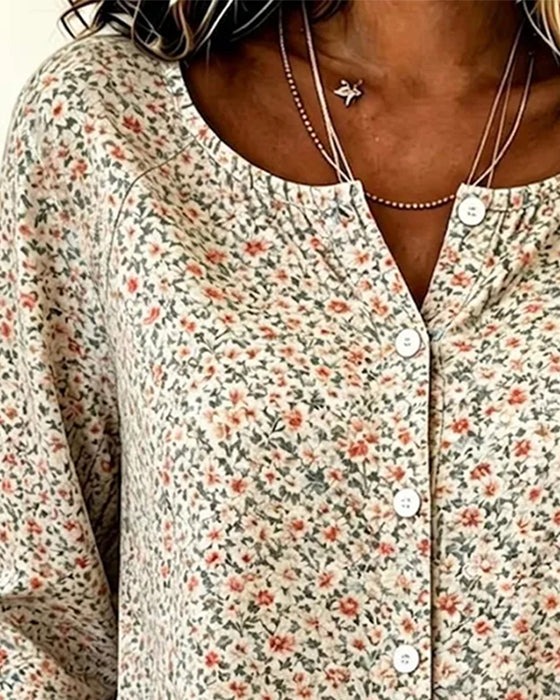 Blouses Ronde Hals Knoop Bloemen Driekwart Mouw