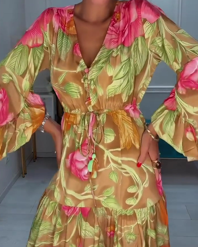 Jurk V-Hals Volle Rok Bloemen
