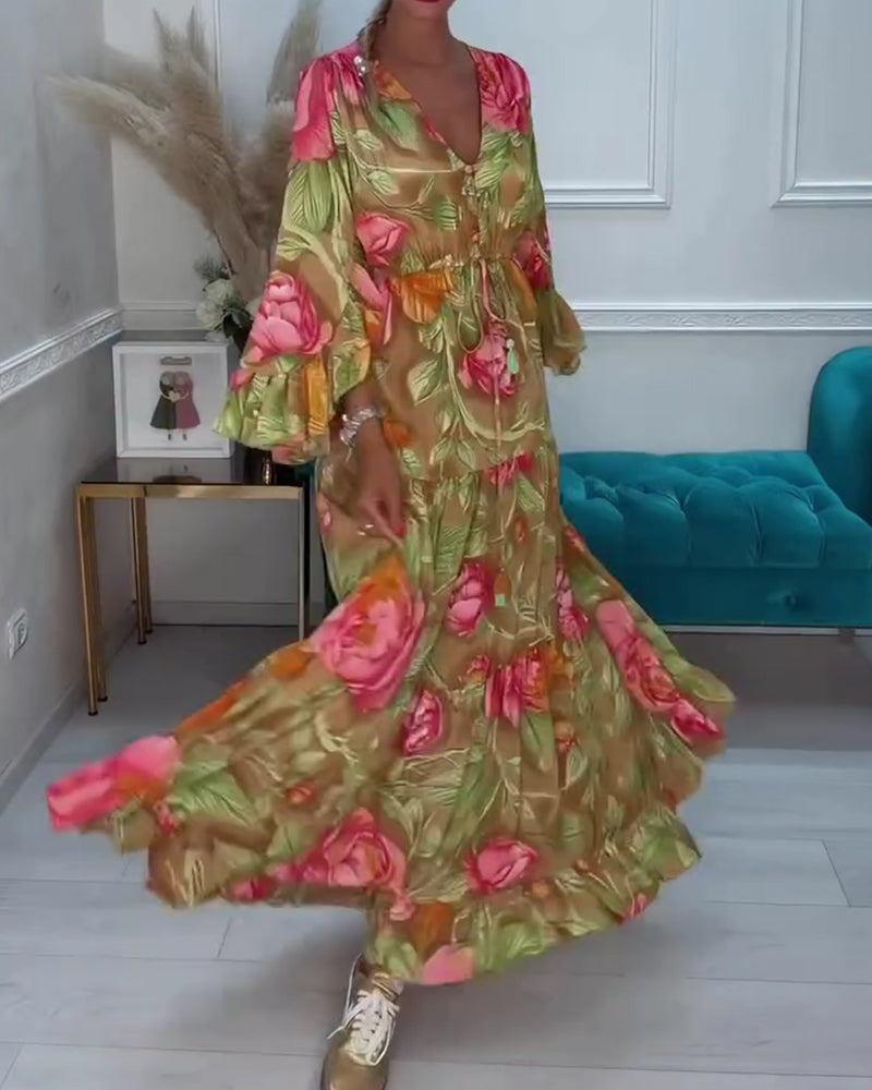 Jurk V-Hals Volle Rok Bloemen