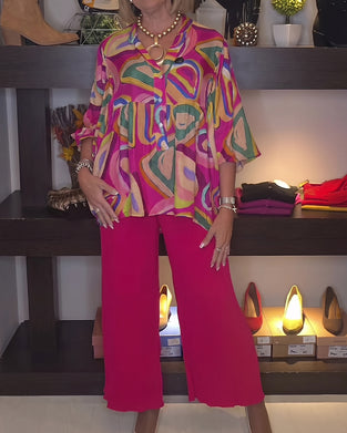 Blouse Kleurrijk Geometrisch Pofmouw Bedrukt