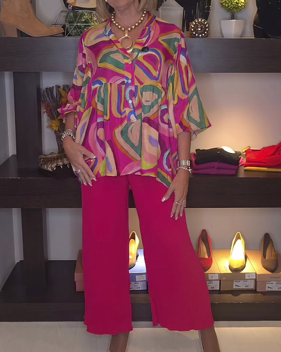 Blouse Kleurrijk Geometrisch Pofmouw Bedrukt